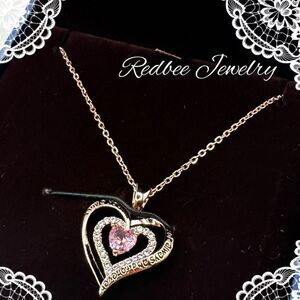 NIB Redbee 18kt GP, Rose‎ gold over s925, Pink CZ in heart necklace!